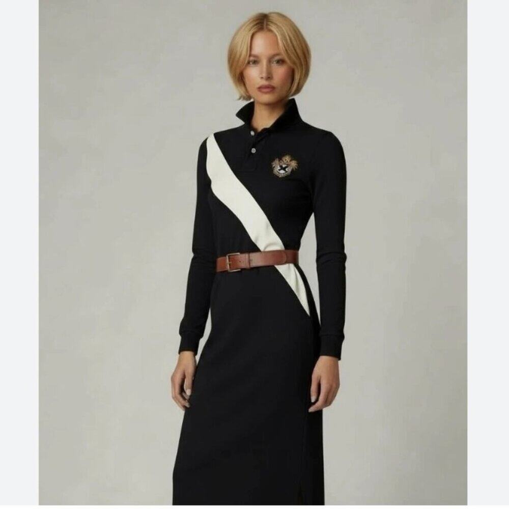 Ralph Lauren Polo Maxi Navy Long Sleeve Maxi Wool Cotton Banner Crest Dress M - Picture 2 of 9
